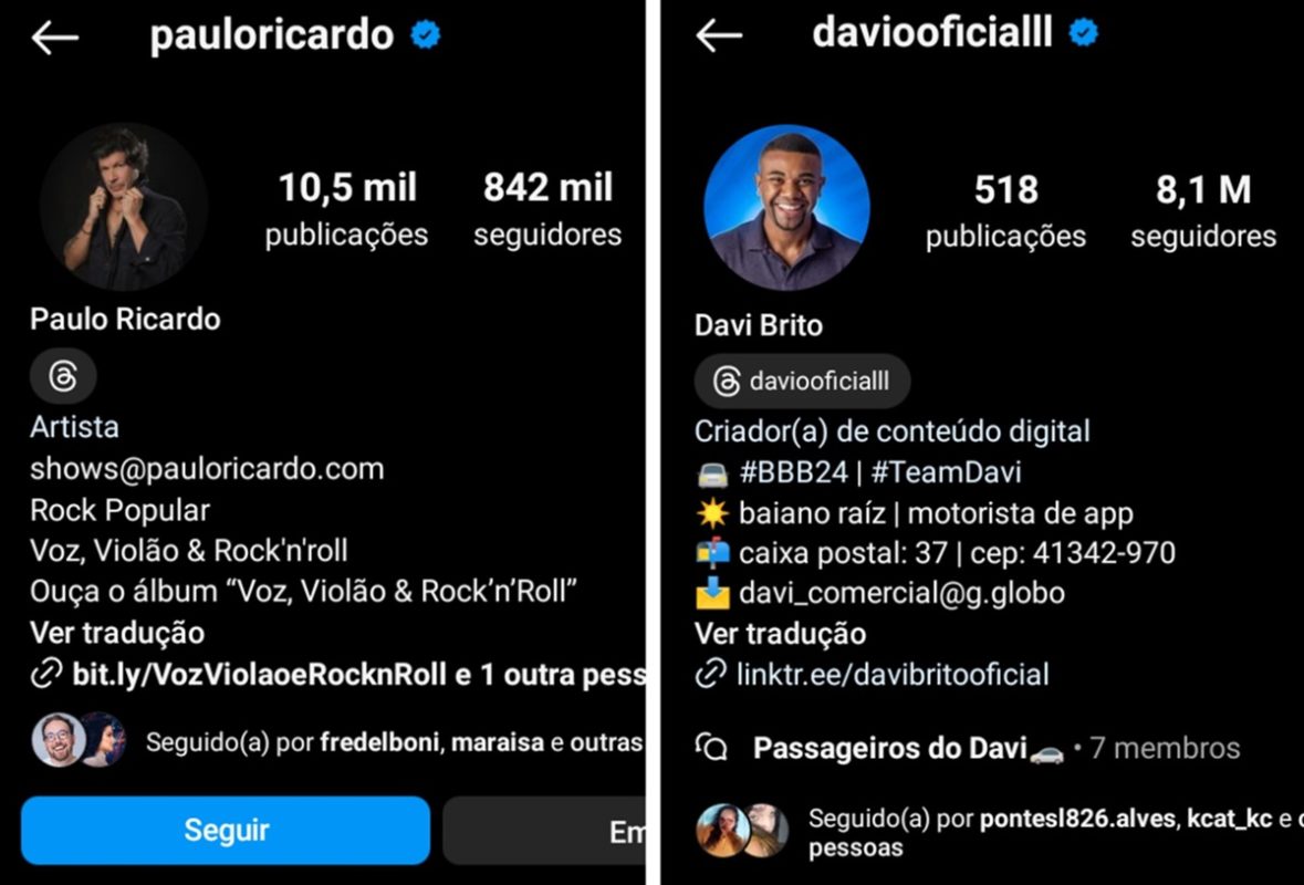 Quantidade de seguidores do Instagram de Davi e Paulo Ricardo - Metrópoles