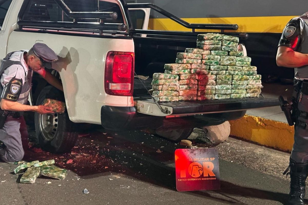 Imagem colorida mostra pacotes de cocaína apreendidos pela polícia em fundo falso de caminhonete dirigida por casal argentino - Metrópoles