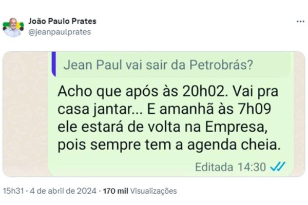 Foto colorida de publicação do presidente da Petrobras, Jean Paul Prates, sobre possibilidade de deixar a empresa - Metrópoles