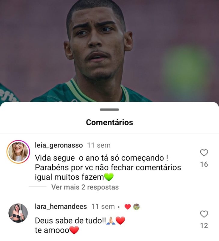 Print do comentário de Lara Hernandes em foto de Luighi Henry, do Palmeiras - Metrópoles