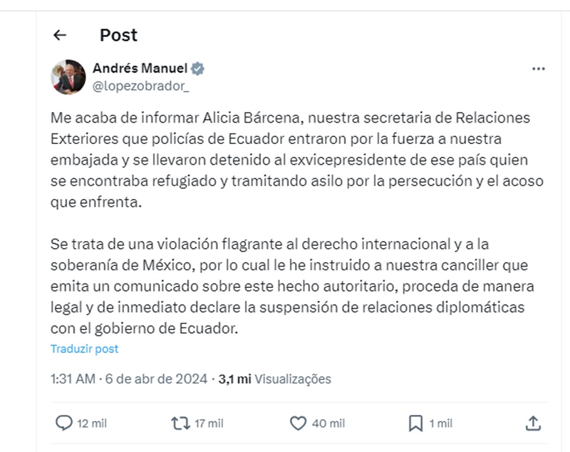 Print em preto e branco do comunicado publicado no Twitter do presidente do México