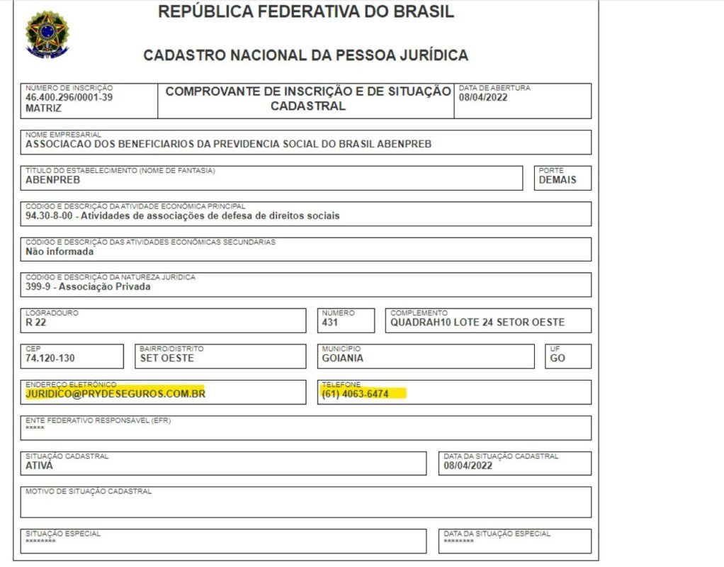 IMAGEM DO REGISTRO DA ABENPREB NA RECEITA FEDERAL ANTES DE A REPORTAGEM ENTRAR EM CONTATO COM ASSOCIAÇÃO - METRÓPOLES