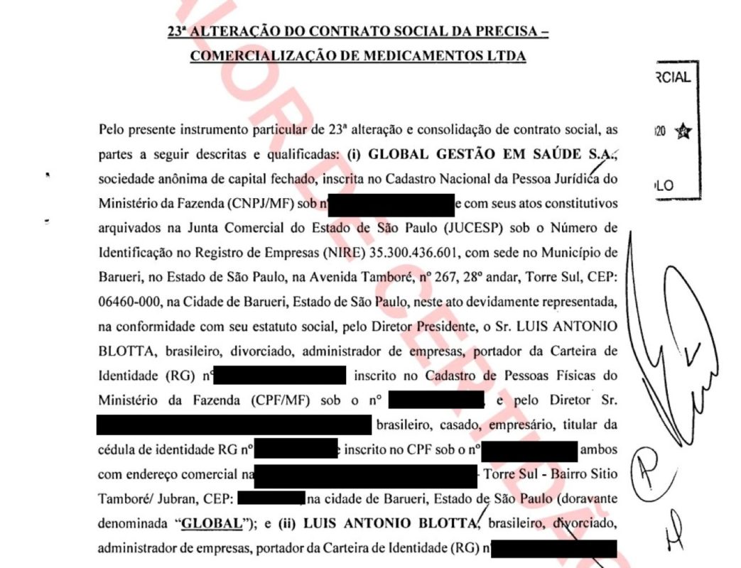 LUIS BLOTTA DIZ NUNCA TER SIDO SÓCIO DA PRECISA; ATAS DA JUNTA COMERCIAL MOSTRAM QUE ELE PRESIDIU EMPRESA ENQUANTO ERA TAMBÉM REPRESENTANTE DA GLOBAL, TAMBÉM ENVOLVIDA EM ESCÂNDALOS - METRÓPOLES