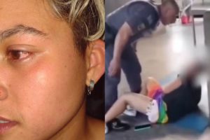 Montagem com duas imagens. À esquerda, rosto de vítima que levou tapa de PM. À direita, frame da agressão