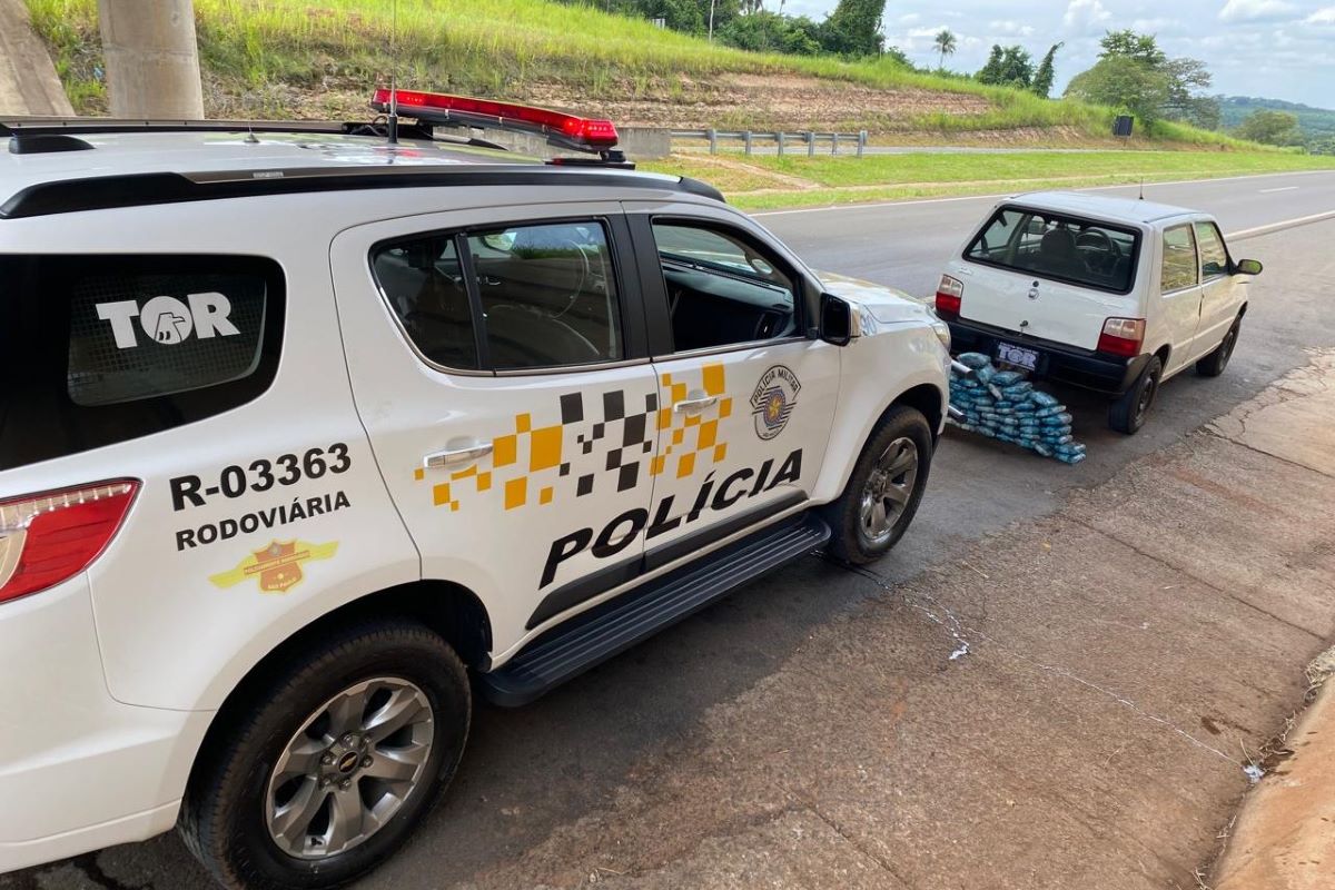 Imagem colorida mostra policiais retirando tijolos de skank de dentro de carro no interior de São Paulo; motorista foi preso - Metrópoles