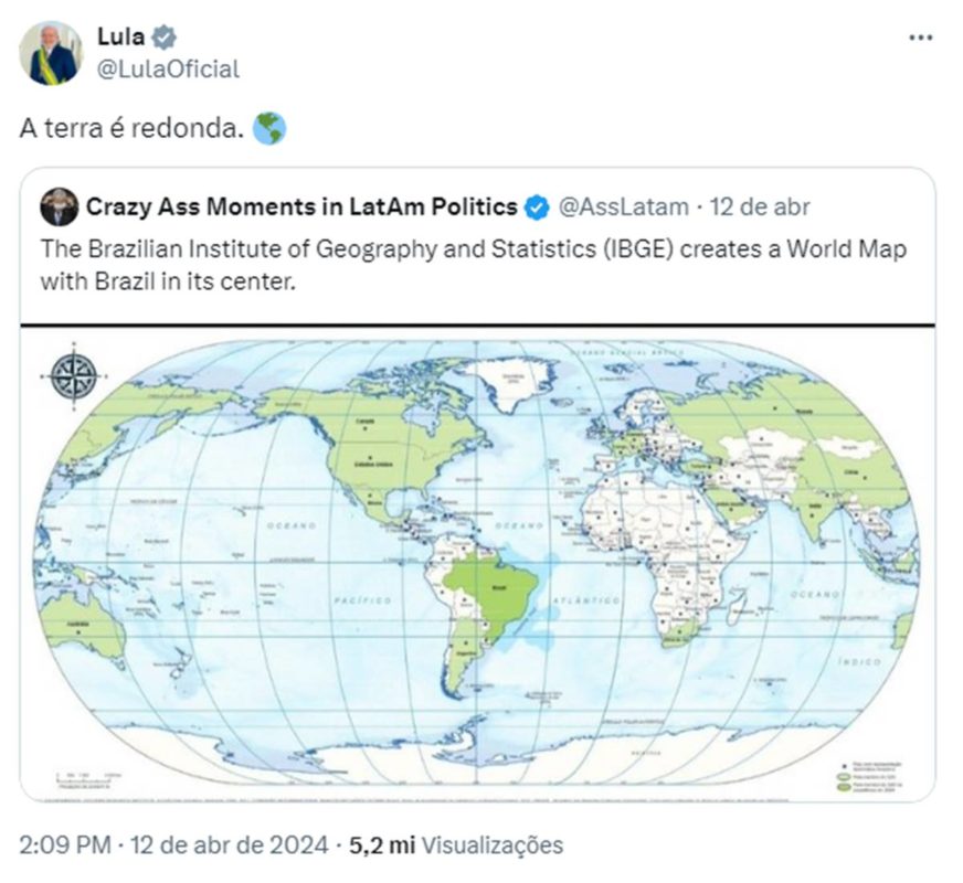 Imagem colorida de resposta de Lula a uma página no X sobre mapa-múndi com Brasil no centro do planeta - Metrópoles