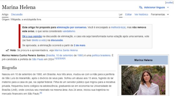 imagem colorida mostra print de ´página sobre marina helena no wikipedia. texto mostra aviso de que conteúdo poderá ser removido. metrópoles