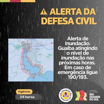 Aviso de alerta de Inundação. Guaíba atingindo o nível de inundação nas próximas horas. Válido por 24h. Em caso de emergência ligue 190/193 - Metrópoles