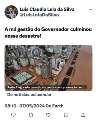 Luís Cláudio Lula critica Eduardo Leite no X