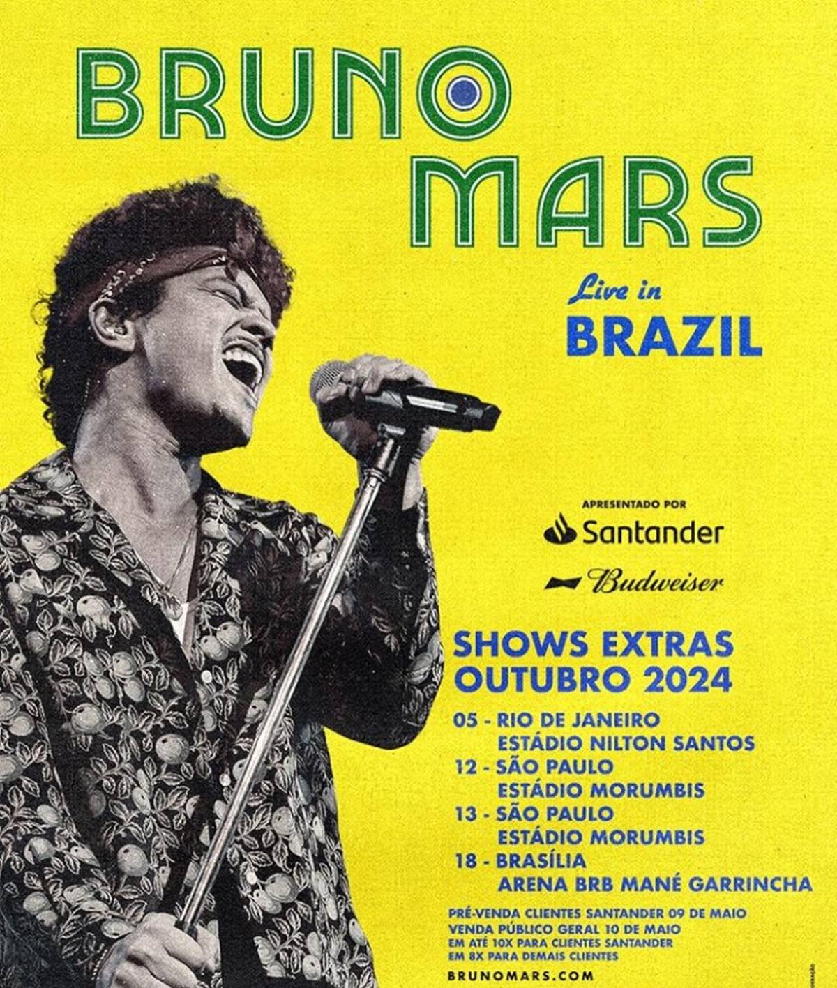 Imagem de Bruno Mars com as datas extas dos show no Brasil em 2024