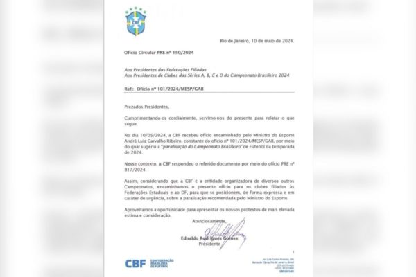 Imagem colorida de documento da CBF - Metr&oacute;poles
