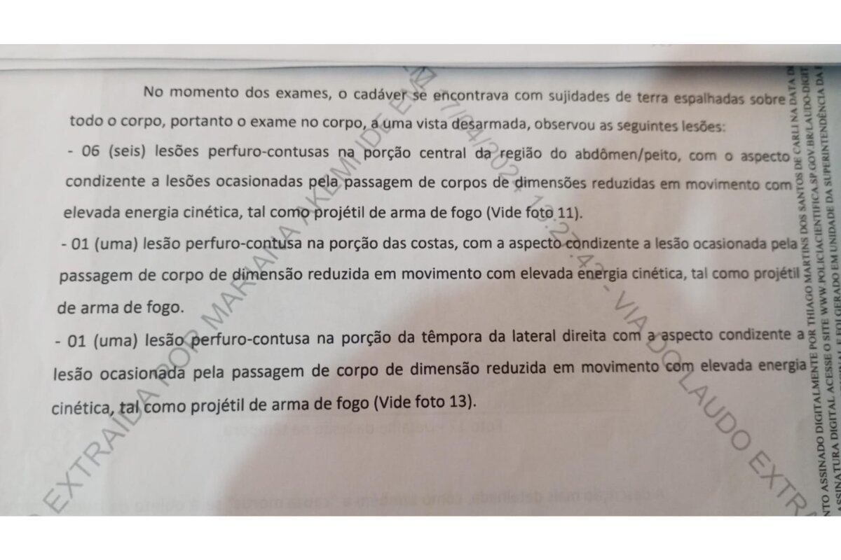 Reprodução de trecho de laudo pericial - Metrópoles